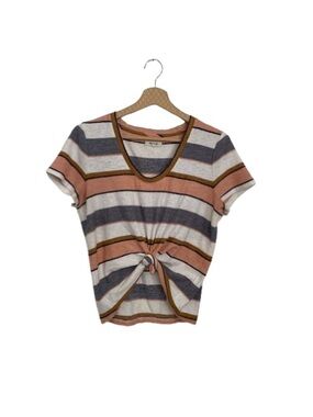Madewell Striped Tie-Front Short Sleeve Top in Peach, Gray and Cream